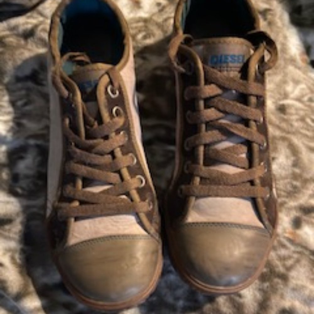 Diesel Suede Sneakers, US size 12, tan/brown, with green bottom